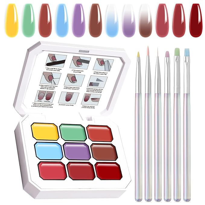 Gradient Painting Gel Set, 9 Colors Ombre Gel Nail Polish with 6 Aurora Multi-Purpose Brushes for Ombre Nails Aura Nails French Manicure Soak Off UV A Moroccan Bazaar