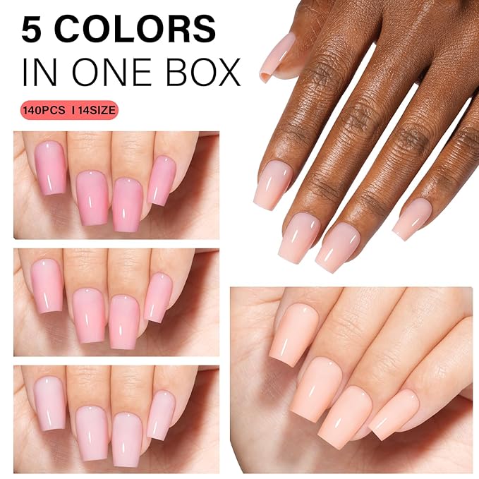 AILLSA RealFit Nude Pink Press On Nails Short Coffin - Long Lasting Pre-Shaped Natural False Nails, Fake Nails Extensions for Salon Home DIY Gifts 150 PCS