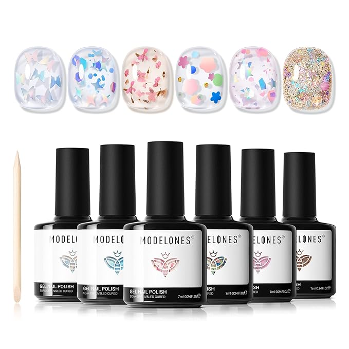 modelones Gel Nail Polish Set, 6 Colors Dried Flower Laser Butterfly Blue Pink Star Shape Ornament Glitter Gel Polish Collection with Wooden Stick All Seasons Soak Off LED Manicure DIY Gift