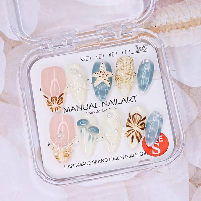 Luxury Press on Nails Short Almond Handmade 3D Starfish Fake Nails French Tip False Nails Flower Pearl Art Designs Glossy Stick on Nail Full Cover Thick Acrylic Nail for Women (Size S)