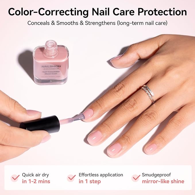 Illuminating Nail Concealer 4-in-1 Base Coat Ridge Filler Sheer Nail Polish & Strengthener for Discolored or Damged Yellowing Nails, Natural Nails Foundation Perfector, 15-free, Air Dry
