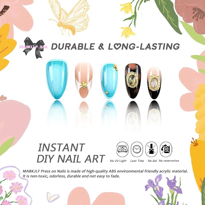 Medium Almond French Tip Press On Nails, 24pcs Full Cover Nails, 12 Sizes, Glossy Finish, Leopard Print, Stars, Gemstone Gold Designs