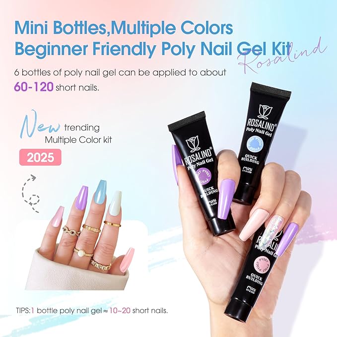 ROSALIND Poly Nail Gel, 6 Colors 0.34 oz/10 ml Poly Extension Gel Pink Blue Green Nail Enhancement Strong Builder Hard Gels for French Manicure Home Salon Design, Need U V/LED Lamp