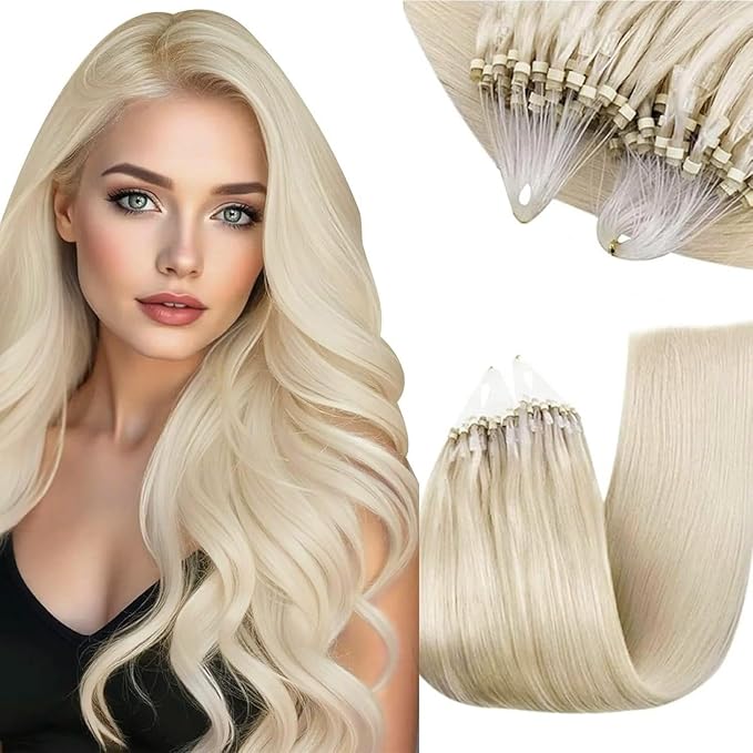 RUNATURE 22 Inch Microlink Hair Extensions White Blonde #1000 Remy Human Hair Micro Bead Extensions Pre Bonded Micro Hair Extensions Human Hair Full Ends 50g 50s
