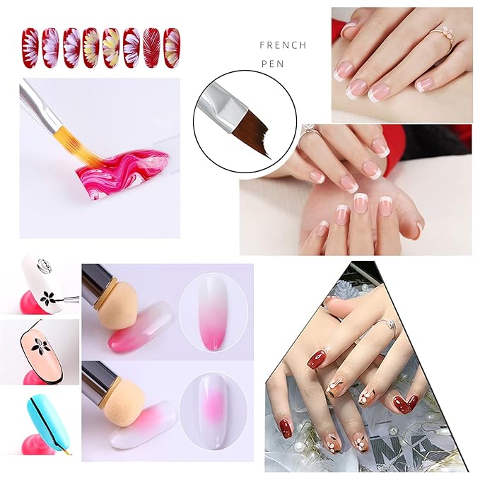 JERCLITY 8pcs Nail Art Brushes Set Ombre Nail Brush Dotting Pen Nail Art Liner Brushes French Tip Brush Lace Nail Brush Gradient Painting Pens Nail Sponges for Ombre Brush Nail Art Tools Set