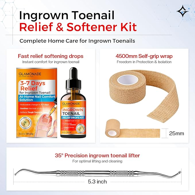 Ingrown Toenail Relief Kit: Professional 3-7 Day At-Home Ingrown Toenail Removal Drops With Ingrown Toenail Lifter & Self-Adhesive Bandage For Men Women, 30ml Softener For Hard Curved Nails
