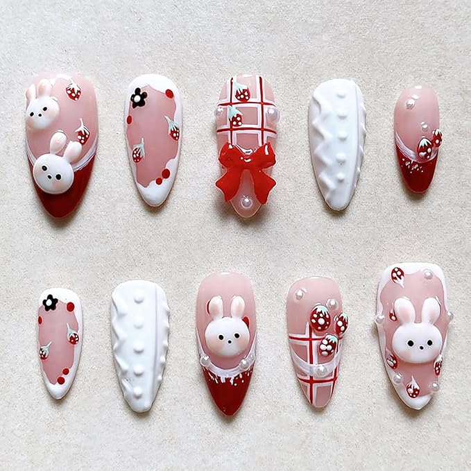 Cute Press on Nails Medium French Tip Fake Nails with 3D Bow Acrylic Nails Bunny Glue on Nails Strawberry Flower Design Almond False Nails Full Cover Pink Artificial Nail Handmade Stick on Nails 30Pcs