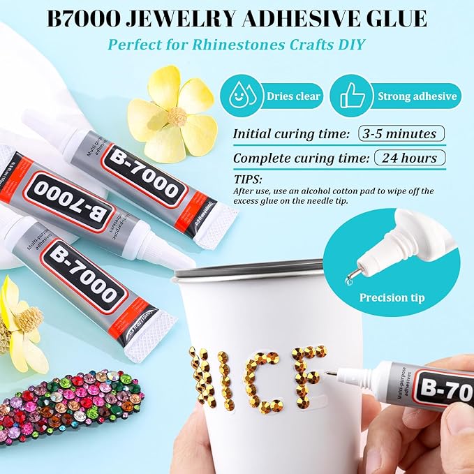 12100Pcs Resin Rhinestones for Crafting with 3Pcs 10ml B7000 Jewelry Glue, 2 Boxes Flatback Crystals Diomand (Gold) for Bedazzling Crafts DIY Nail Art Makeup，Non Hotfix Gems for Clothing Shoes