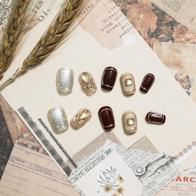 Handmade 3D Press On Nails Short Coffin,New Year Valentine False Nails Burgundy Silver Glitter with Geometric Line Art & Hand-Set Rhinestones - 10Pcs Luxury Design (Fiery Red Lips,S)