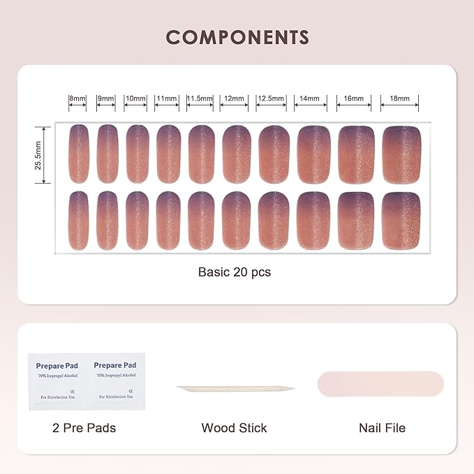 Semi Cured Gel Nail Strips – Real Gel Nail Polish Wraps for Brittle Nails | Long Lasting Easy Peel-Off Removal | Hema-Free | 20-Piece Glitter Cat-Eye Warm Orange Salon Kit with File & Stick
