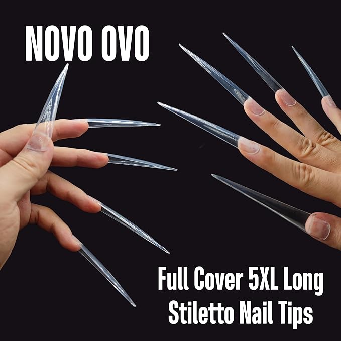 NOVO OVO Halloween Extra Super Extreme Long Stiletto Nail Tips, 5XL XXXXXL Clear Full Cover French Tips False Fake Nail Extension, Sharp Fishbone Arrow Head Nails for Professional 120 pcs 12 Size