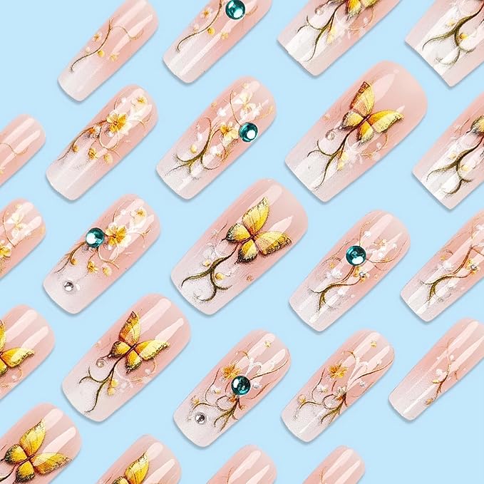 MISUD Press on Nails - Long Square Fake Nails with Nude Ombre, Acrylic Butterfly Design 24 pcs