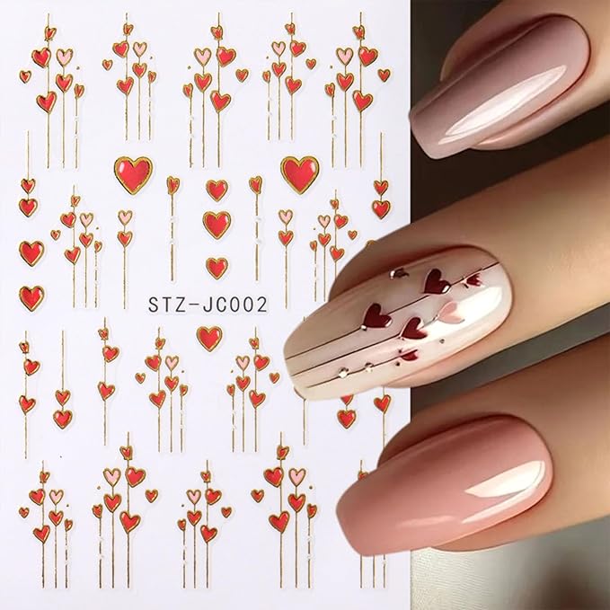 9 Sheets Valentines Nail Art Stickers Red Heart Nail Decals 3D Self Adhesive Holiday Nail Supplies Romantic Arrow & Tree Branch Design Nail Stickers for Women Pink Heart DIY Manicure Art Accessories