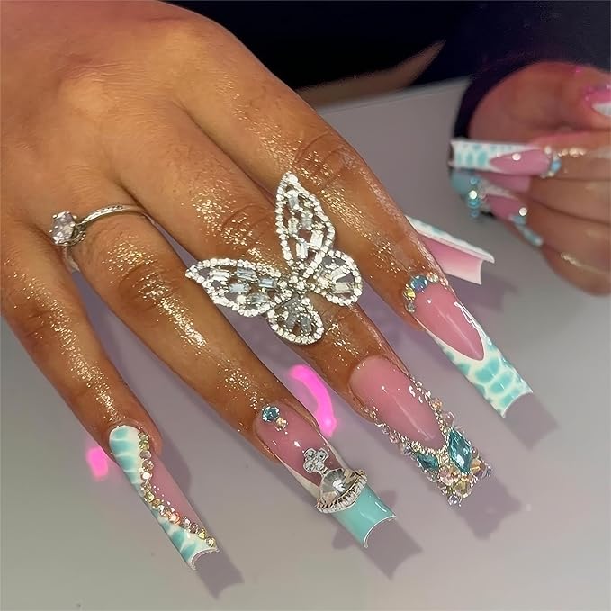 Long Square Press on Nails Blue Ombre False Nails French Tip Fake Nails with Design Nails Rhinestones Acrylic Long Nail Press ons Glitter Glue on Nail for Women 24Pcs