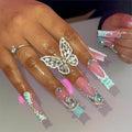 Long Square Press on Nails Blue Ombre False Nails French Tip Fake Nails with Design Nails Rhinestones Acrylic Long Nail Press ons Glitter Glue on Nail for Women 24Pcs