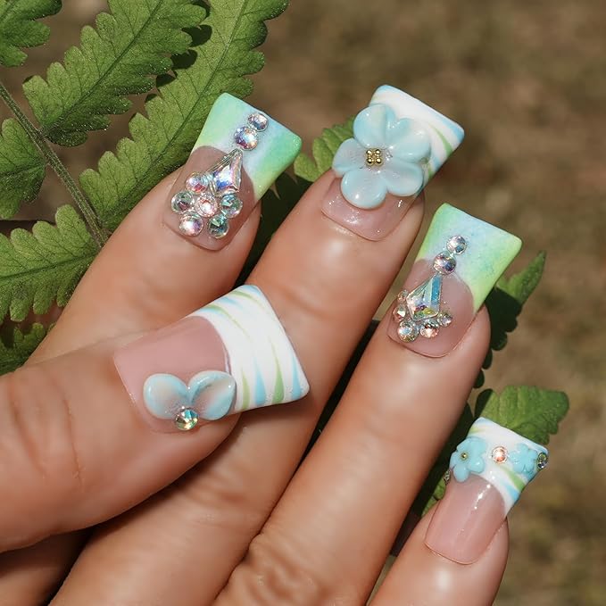 Press On Nails Handmade Short Duck Luxury Nails, Mint Green Ombre French with 3D Floral Charms, Bling Crystal False Nails, Glossy Art Designs Reusable Acrylic (Misty Blue Floral Glitz,L)