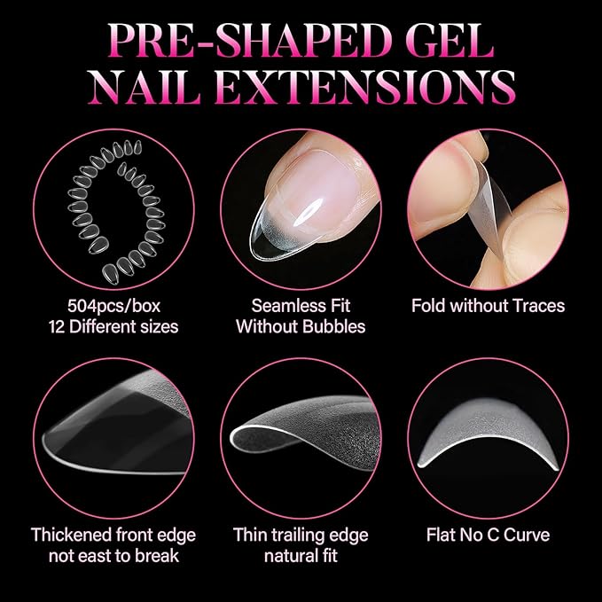AIMEILI Extra Short Almond Fake Nails, 504pcs Pre-shape Gel Acrylic Nail Tips Press on Nails for Full Cover Nail Extension Home DIY Nail Salon 12 Sizes