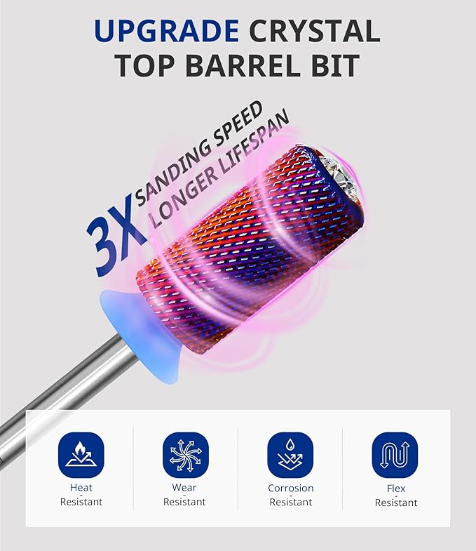 AIRSEE Tungsten Carbide Acrylic Nail Drill Bit Super Cut Bit Efile Electric File Machine Head Tip for Manicure Polishing Art Remove Gel Professional 3/32" Beginner Safety Crystal Top Barrel Medium