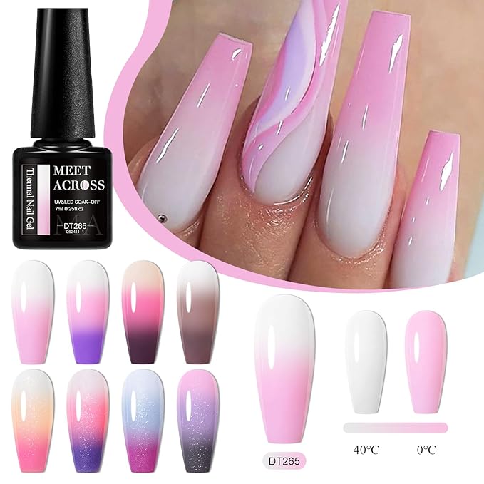 MEET ACROSS Color Changing Gel Nail Polish Set, 8 Colors Red Pink Glitter Purple Mood Temperature Change Nail Polish Gel Set Soak Off Nail Art DIY Salon Manicure Holiday Gift