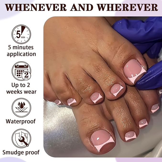 150pc Pink French Tips Press on Toenails Women Fake Toe Nails Kit, Berry Pink Toe Nail Press ons Nail Short Square Fake Toenails French Toes Nail Tips Stick Acrylic Toes Nails with Adhesive Tabs