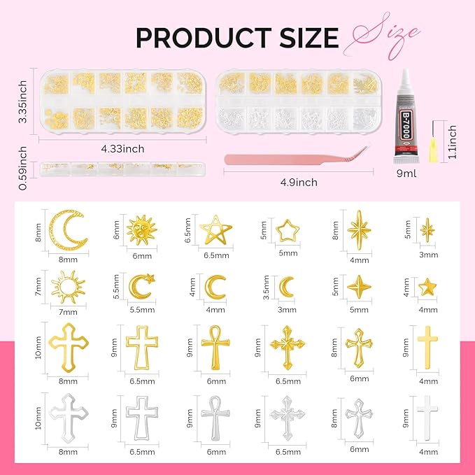 MelodySusie 3D Nail Charms and Gems, 2 Acrylic Boxes Golden Silver Include Alloy Star Sun and Cross Nail Art Studs With Tweezer Tools for Y2K Manicure Nails Design Supplies DIY Crafts Decoration