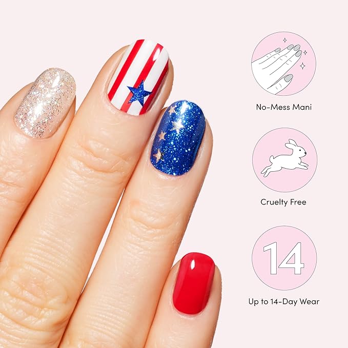 Dashing Diva Patriotic Gloss Nail Strips - National Anthem - UV Free, Chip Resistant, Long Lasting Gel Nail Stickers - 3-Piece Manicure Set - Contains 32 Wraps, 1 Prep Pad, 1 File