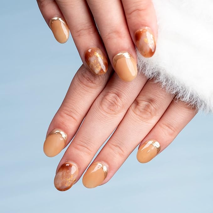 Sun&Beam Nails Handmade Press-On Short Round with Brown Amber Color Design Charm Cat Eye Cute False Nail Tips 10 Pcs (#83 XS)