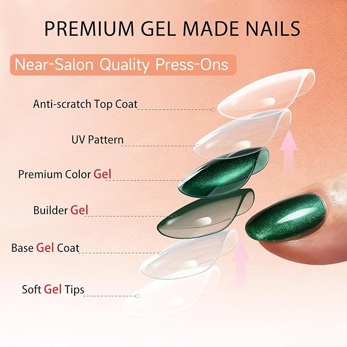 Cat Eye Press on Nails Short, Chrome Press on Nails Oval, Thick Glazed Black Emerald Green Fake Nails Press ons for Women Party Prom, Reusable Glitter Glue On Nails Almond in 15 Sizes, 30 Pcs