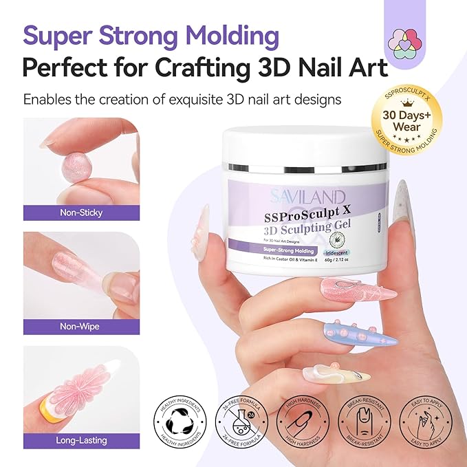 SAVILAND Pink 3D Molding Nail Sculpting Gel: 2.12 oz Solid Iridescent 3D Nail Gel for Professional Salon Use
