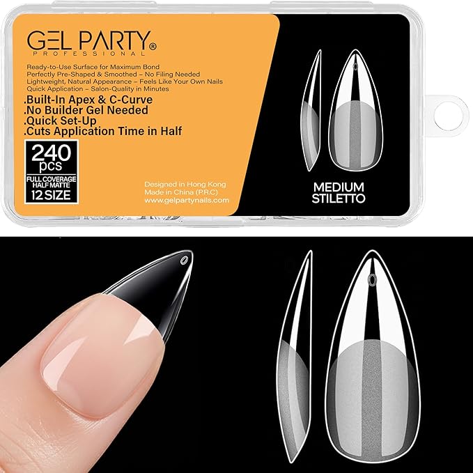 GELPARTY Soft Gel Nail Tips Medium Stiletto - 240 Pcs Pre-Buffed Matte Full Cover Tips - No Filing Needed, Soak Off Gel Extension System - Clear False Nails (12 Sizes)