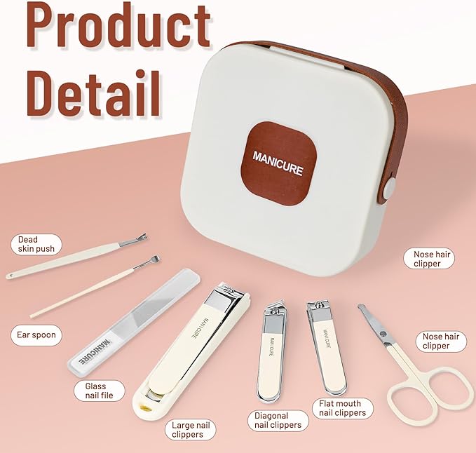 Nail Clipper Set for Men and Women, 7 Pcs Toenail Clippers, Stainless Steel Fingernail Clipper, and Travel Case Manicure Set, Gift Ideas (Beige)