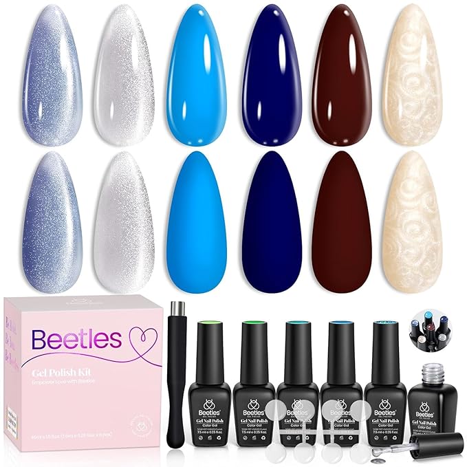 Beetles Cat Eye Gel Polish – Glamorous Metamorph 6 Color Gel Nail Polish Set, Blue Brown Pearl with Magnet Soak Off Uv LED for Salon Manicure Art DIY Back to School Nails