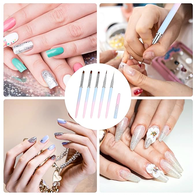 5Pcs Nail Polish Clean Up Brush Set, Manicure Nail Art Polish Remover Brush with Nail Liner Brush Professional Nail Detail Brush Nail Painting Tool for Nail Art Design & Polish Mistake Cleaning