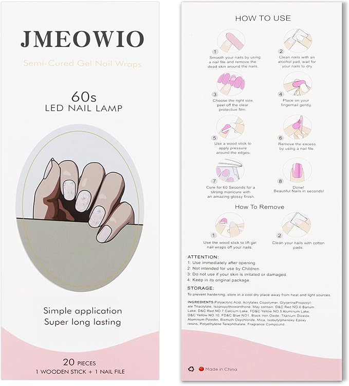 JMEOWIO Gel Nail Stickers Glitter White Flower Semi Cured Gel Nail Strips Wraps UV/LED Nails Art Design Decoration Accessories