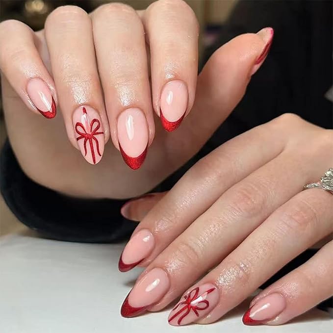 Press On Nails Almond Christmas, French Tip Press on Nails Short, Glue On Nails for Women Gift, Supremely Fit Natural Reusable Stick On Nails in 12 Sizes -24 Fake Nails Kit, French Bow