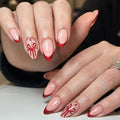 Press On Nails Almond Christmas, French Tip Press on Nails Short, Glue On Nails for Women Gift, Supremely Fit Natural Reusable Stick On Nails in 12 Sizes -24 Fake Nails Kit, French Bow