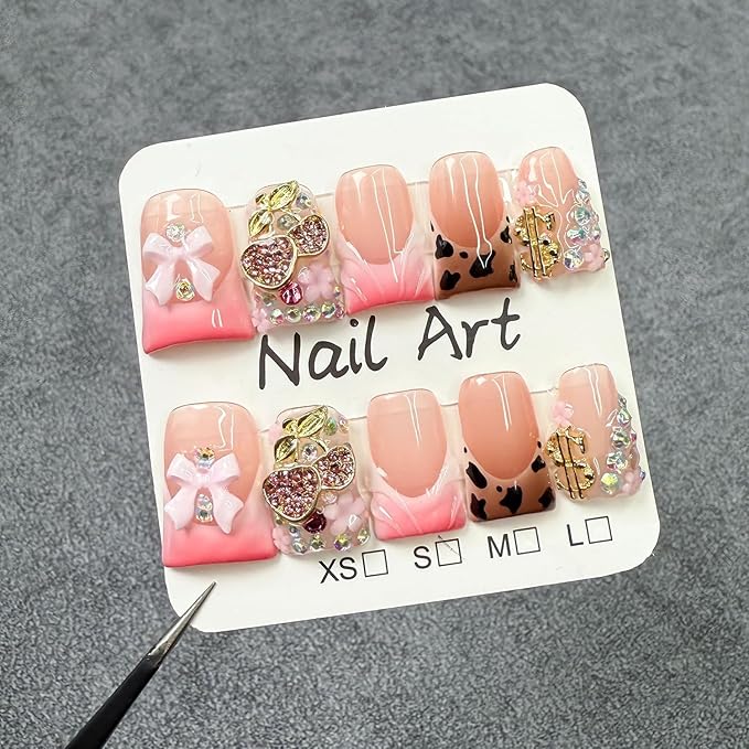 Luxury Press on Nails Short Duck Handmade 3D Unique Reusable ABS Material Fake Nails French Tip False Nails with Designs Leopard Print Flower Rhinestones Bow Glossy Glue on Nail Thick Acrylic Nail(M)