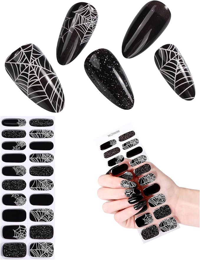 20pcs Halloween Semi Cured Gel Nail Strips - Salon Quality DIY Wraps,UV Needed