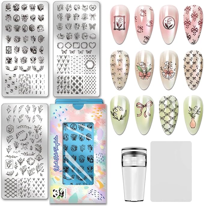 PH PandaHall 3pcs Lily of The Valley Nail Stamping Plates Flower Leaf Nail Art Templates Butterfly Stainless Steel Image Plate Art Stencils with Tool for Spring DIY Print Manicures Salon Design