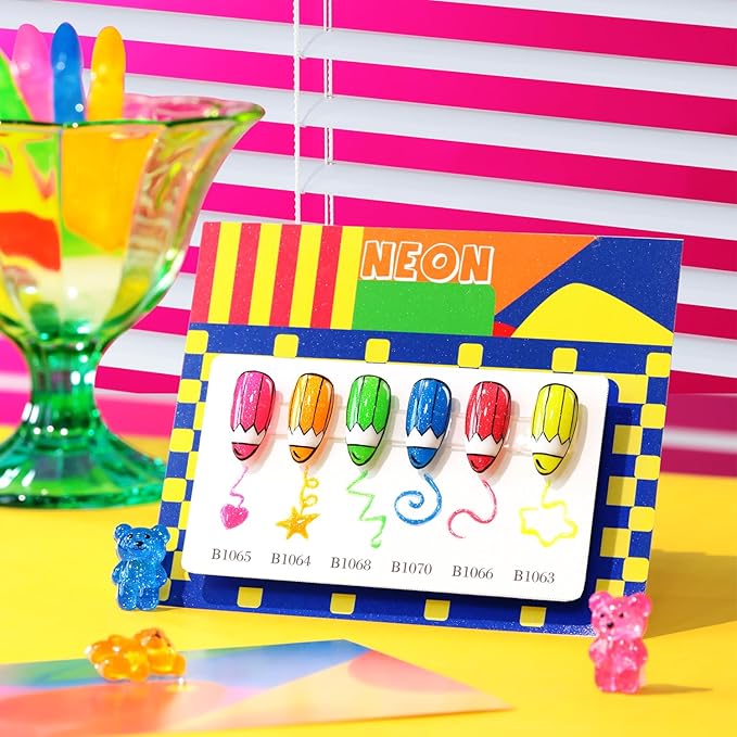 Double Rhythm 6 Pcs 15 ML Glitter Gel Polish Set Same Color Same Bottle Soak Off Gel Polish Kit Nail Art Manicure Salon DIY at Home (Shimmer Neon Yellow Orange Green Blue Pink-T6-86)