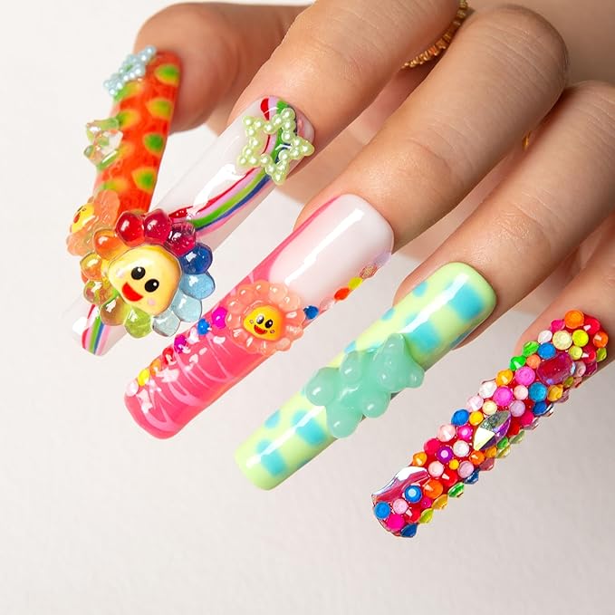LOVFUL Handmade Press on Nails with Lovkashi Flower Design | Colorful Acrylic Stick On Nails | Reusable Full Cover Nails| Square Long 2.2 in | H65-L