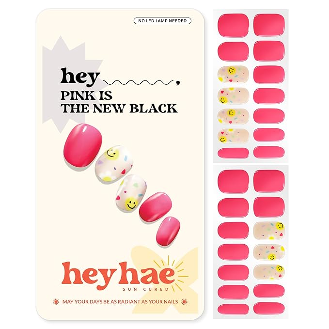Heyhae Semi Cured Gel Nail Strips | No LED Lamp Needed | Spring, Marble, Pink | Easy Apply & Remove,Salon Quality |Includes 28 Strips, 1 Prep Pads, Nail File & Wooden stick- Hey, Pink is the New Black