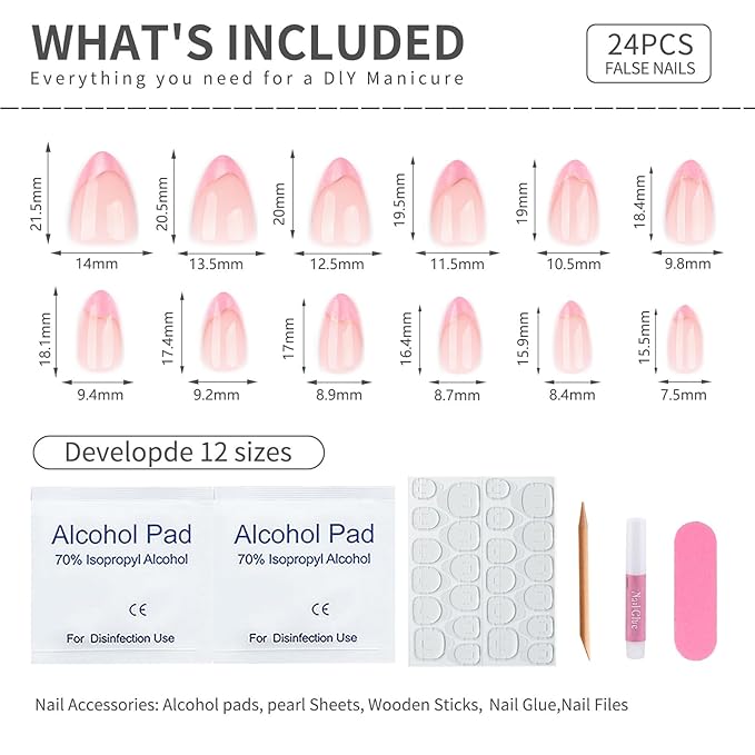 French Press On Nails Almond Short, Nude with Pink Shimmery French Tips and Gold Line Accents, Glossy Reusable Acrylic Glue-On Nails Kit for Women, 24PCS – Gilded Pink Shimmer