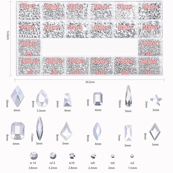 Nail Rhinestones - 4300pcs Mine Silver, Multiple Shape Gems, Flat Back Rhinestones, with Kit and Glue Gel, for Nail Art