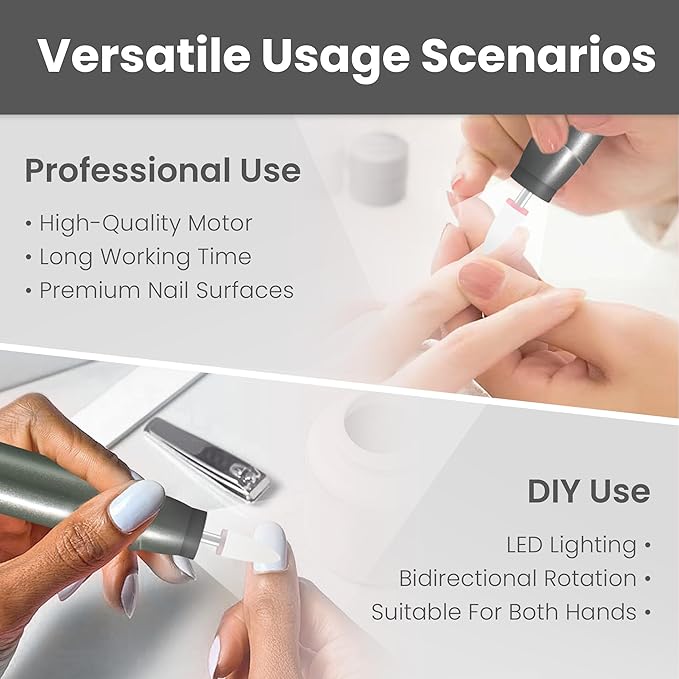 Cordless Electric Nail Drill Kit, Portable Rechargeable Nail Drill Set, Battery Electric Nail File, 5 Speeds Modes, LED Lighting, Reversible Direction, DIY, Professional (Grey)