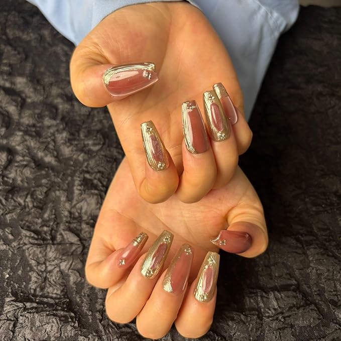 Dark Red Press On Nails Medium Long Square Fake Nails with Luxury Cat Eyes Design Stick On Nail for Woman Gift(AKA 015, Short)