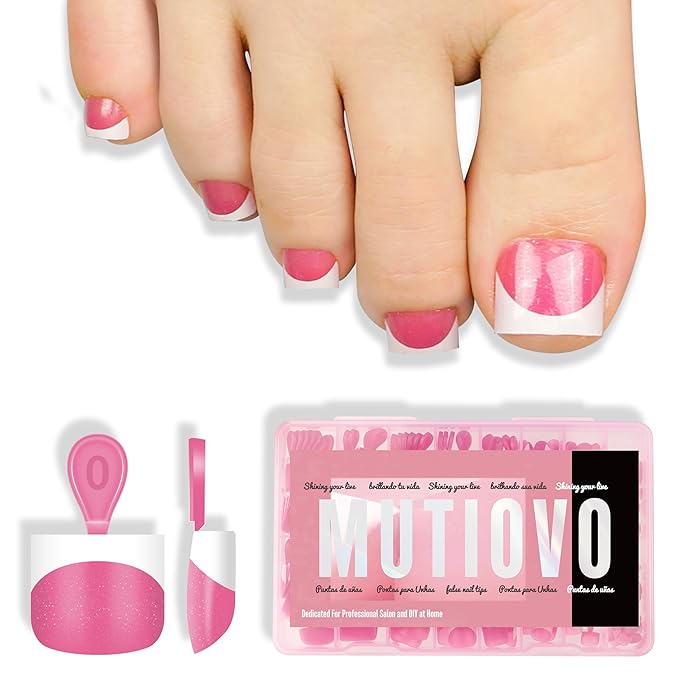 Extra Short Toe Nail White French Tip ROSE PINK,Soft Gel False Toenail Extension Kit,Thick Sharp Square Press On,Need Builder Gel & Apply Top Coat, No Glue included,for DIY x16 Sizes 224 pcs