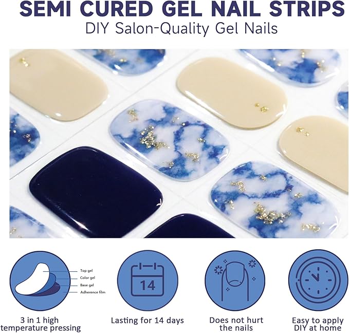 Semi Cured Gel Nail Strips,28 Pcs Gel Nail Stickers Wraps(Ocean Blue),Long Lasting Stickers Works with Any UV Light, Easy to Apply