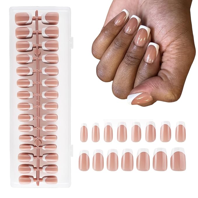 Lamemoria Pre-Design Medium Short Square French Tip Press On Nails, Brown Base White French Nail Tips, Salon Nail Art Kit, 240 PCS