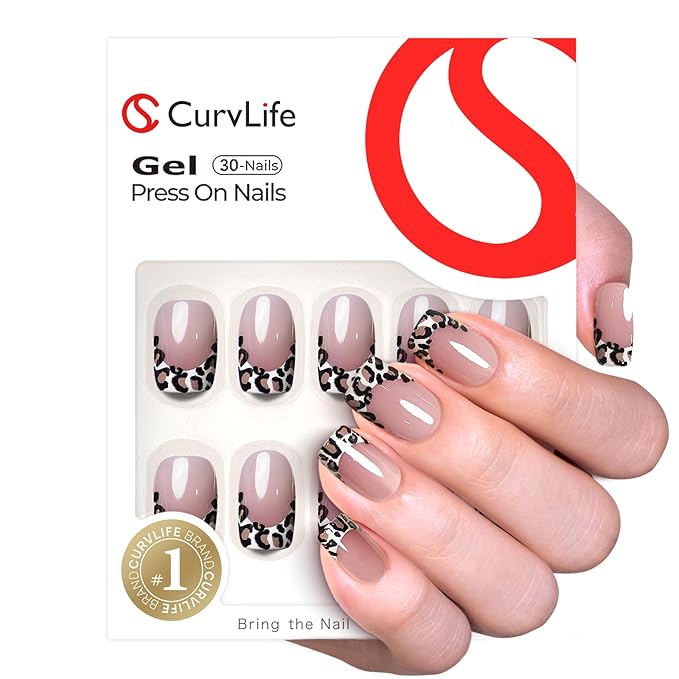 CurvLife Press On Nails Medium Square – Nude Pink Leopard French Tip Fake Nails, Reusable Soft Gel Glue On Nails with Adhesive Tabs, Natural Fit, Salon Quality for Women